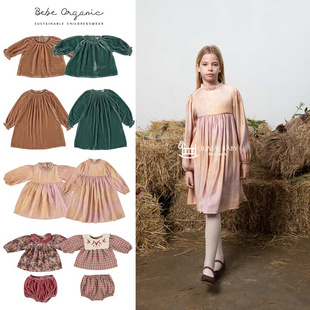 bebe organic24秋冬款宝宝女童长袖衬衣花苞短裤纯色丝绒连衣裙5