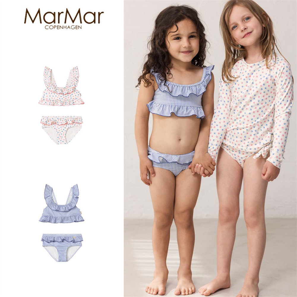 Marmar26春夏新款宝宝女孩中小童碎花条纹花边领飞袖分体泳衣泳装