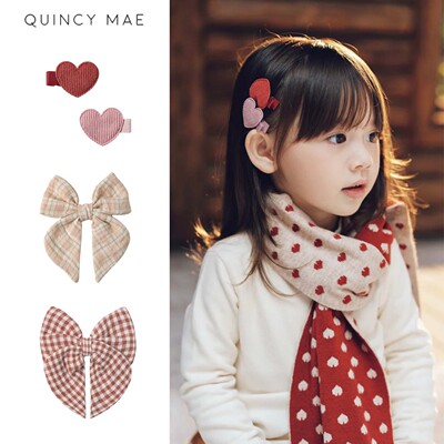 Quincy Mae26春夏新款女小童宝宝甜美爱心夹子格子蝴蝶结发卡头饰