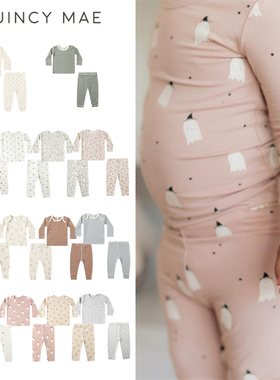 Quincy Mae25秋冬新款日常印花条纹蝴蝶结秋衣秋裤套装5Z