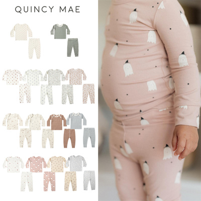 Quincy Mae25秋冬新款日常印花条纹蝴蝶结秋衣秋裤套装7