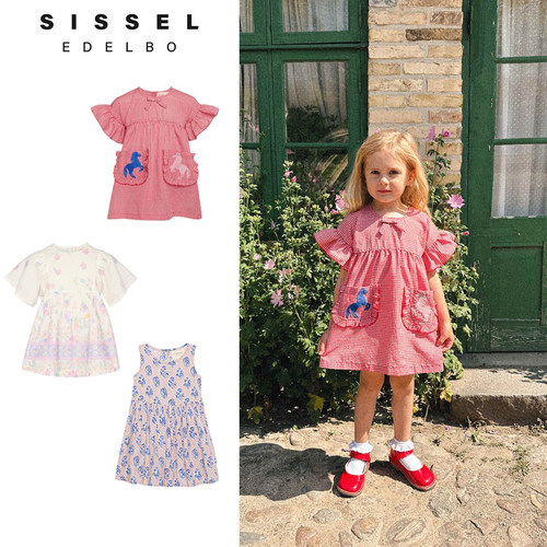 丹麦女童飞袖连衣裙复古格子裙