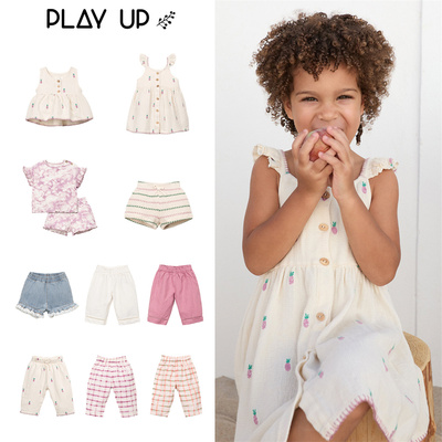 play up26春夏新款女小童日常休闲格子条纹T恤薄长裤子连衣裙短裤