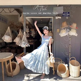 Acaine蓝色长款雪纺印花小飞袖吊带连衣裙女春季法式甜美显瘦裙子