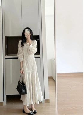 【锐达】2025法式名媛茶歇连衣裙重工高级感白色雪纺刺绣鱼尾长裙