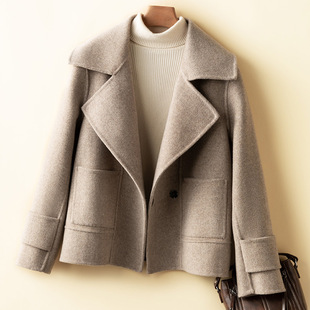 新款女100%羊毛双面呢外套短款西装外套小个子修身大衣百搭秋冬