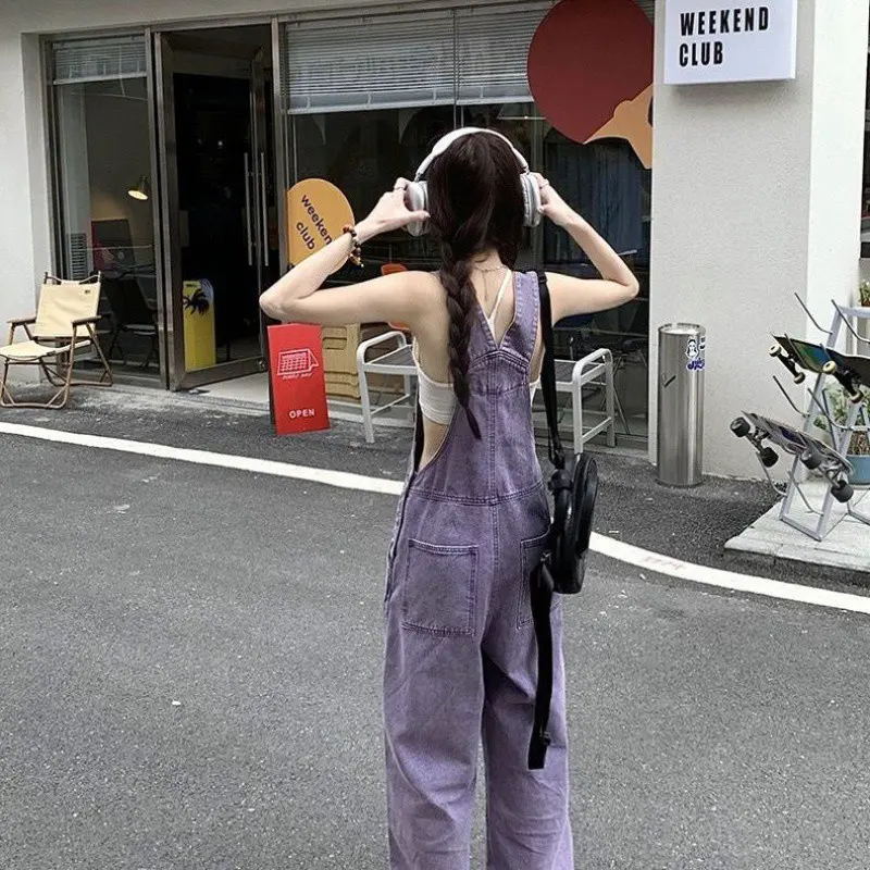 美式复古香芋紫色牛仔背带裤女夏季薄款宽松显瘦减龄阔腿连体长裤