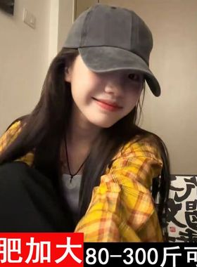 大码韩系复古黄色格子衬衫女独特慵懒胖mm显瘦内搭衬衣防晒外穿潮