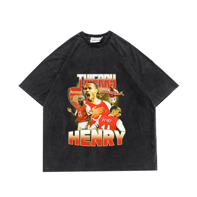 亨利Thierry Henry圆领T恤重磅复古水洗做旧短袖休闲宽松纯棉上衣