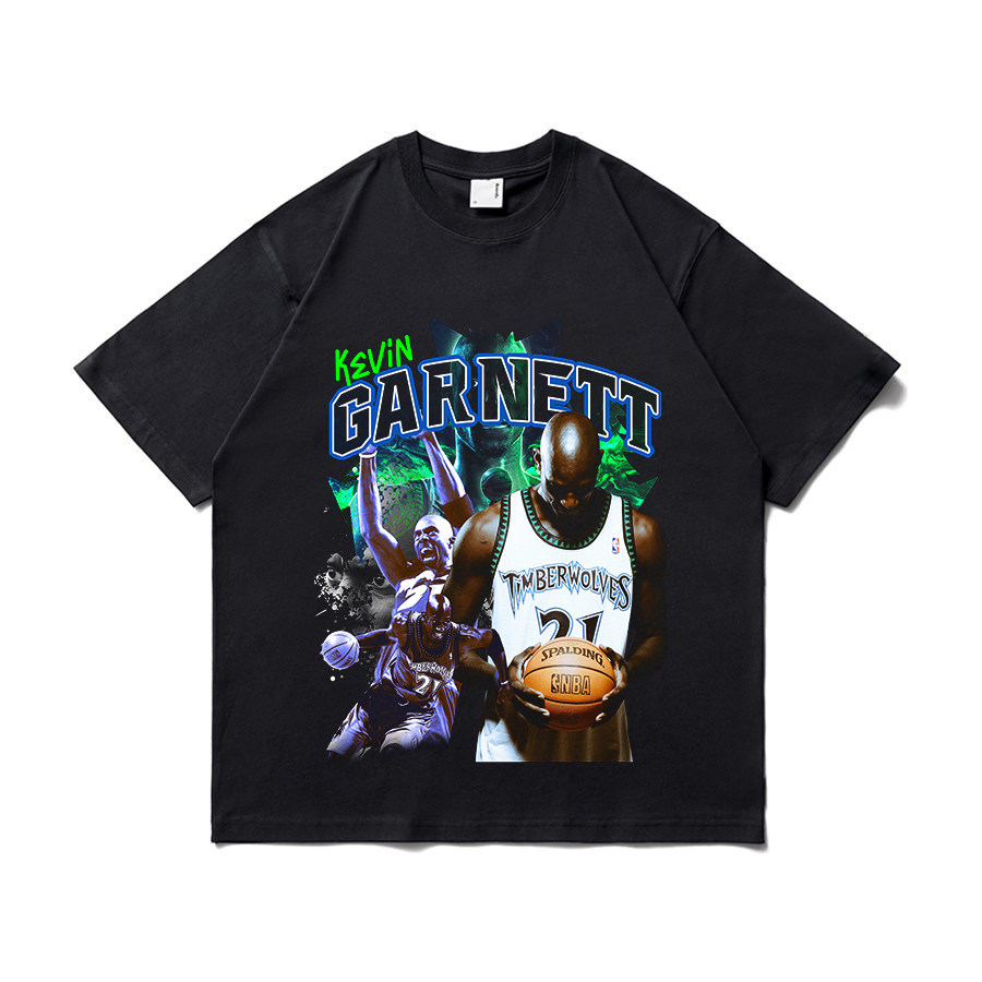 Garnett美式球星T恤街头嘻哈潮牌复古印花做旧水洗重磅宽松短袖
