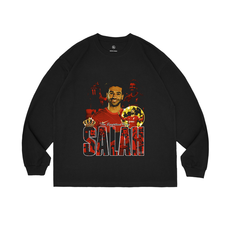 Liverpool f.c萨拉赫圆领宽松长袖重磅休闲上衣足球印花衣水洗旧