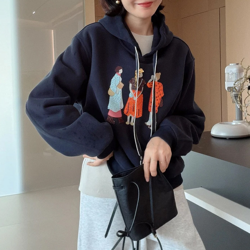 2025秋冬新款加绒加厚重工卡通刺绣连帽卫衣女款宽松百搭帽衫上衣