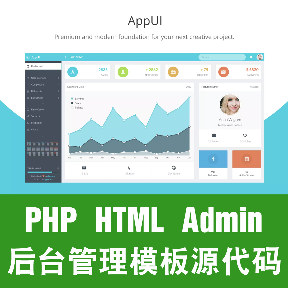 PHP Bootstrap响应式后台管理模板框架Html源代码AppUI Admin 商务/设计服务 设计素材/源文件 原图主图