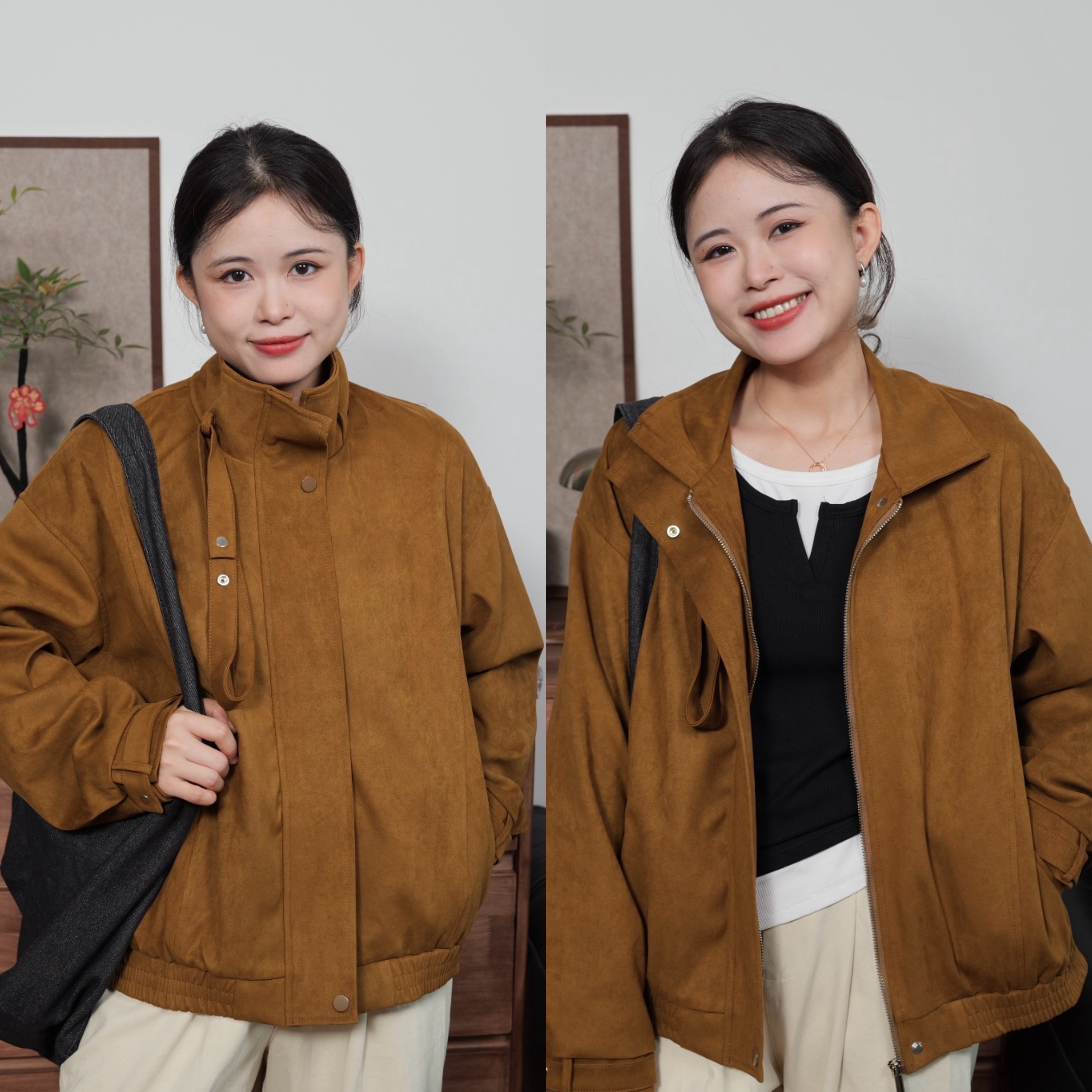 沉默家2025秋冬仿麂皮绒棒球外套女焦糖色立领拉链宽松日系短外套