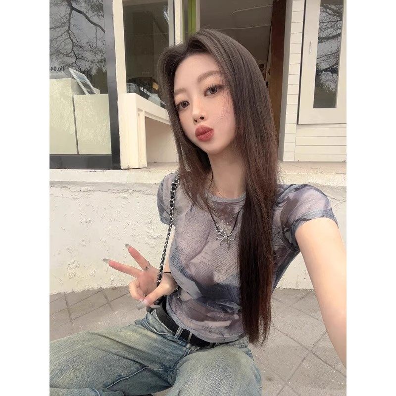 美式复古印花修身短袖t恤女