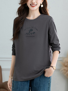 2026年新款纯棉长袖T恤女中年妈妈宽松大码上衣春秋款纯色打衣衫