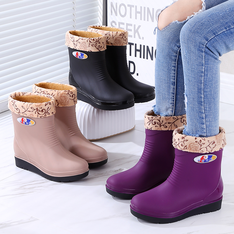 女士雨鞋成人短筒水鞋加绒防滑时尚保暖雨靴水靴工作防水胶鞋厨房