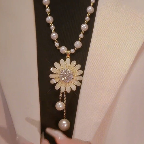 合金镀金太阳花项链女珍珠毛衣链