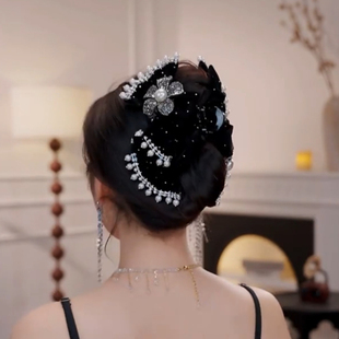 法式黑丝绒满钻花朵珠珠裙摆抓夹高端气质蝴蝶结发夹鲨鱼夹头发饰