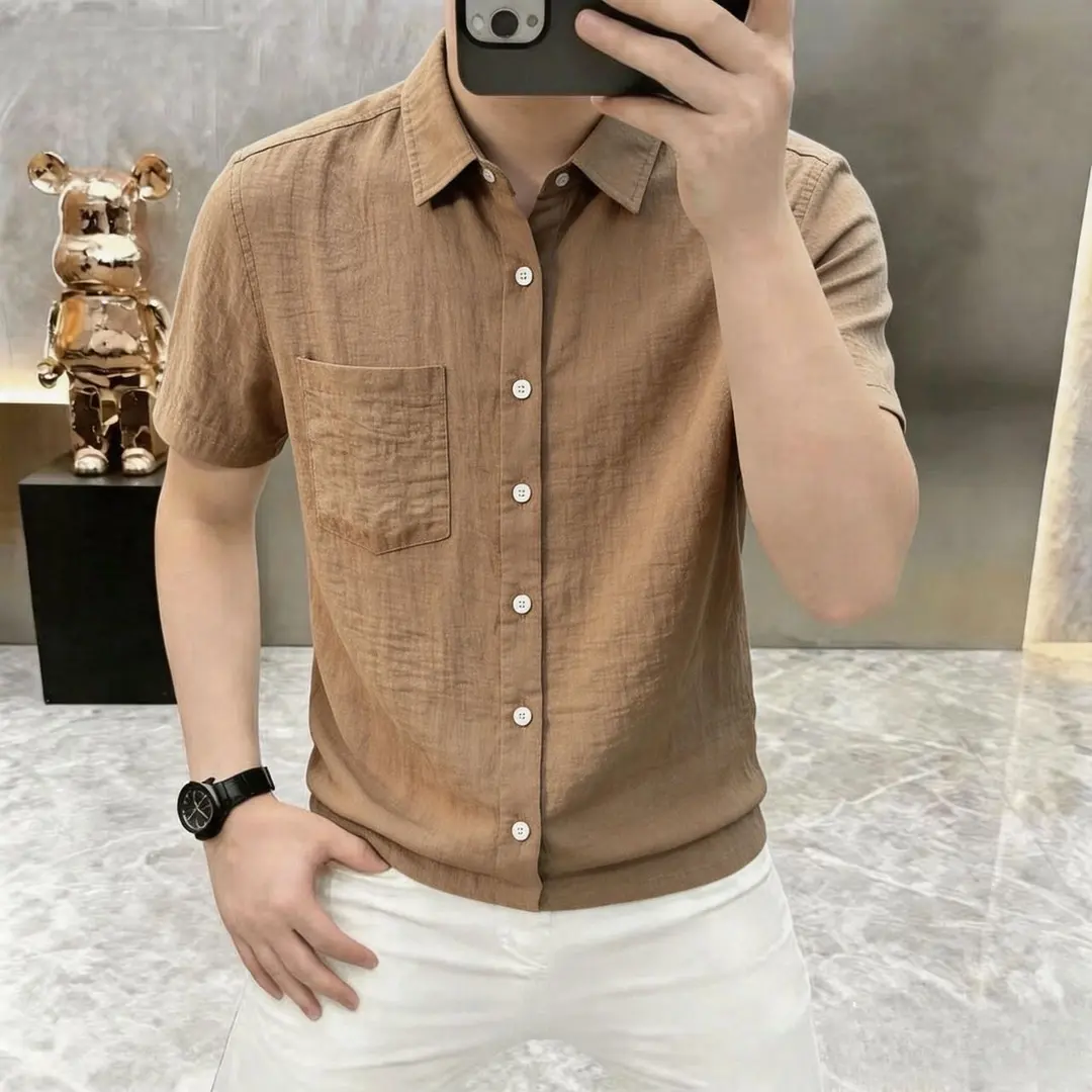 月光潮男服饰夏季短袖衬衫男士轻奢复古薄款时尚百搭休闲宽松衬衣