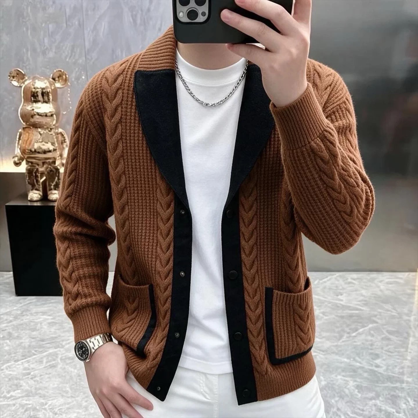 超凡服饰男装旗舰店2026秋冬季新款男士针织开衫复古麻花翻领外套