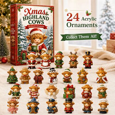 24天圣诞降临日历盲盒 Xmas Highland Cows 卡通高地牛亚克力挂饰