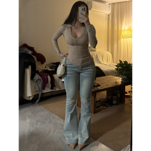 FBLin1牛仔微喇叭裤女设计感微弹紧身显瘦渐变色辣妹拖地长裤子春