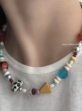 OASIS 拼布手账手绘木珠天然石彩色春夏串珠项链小众锁骨链颈链