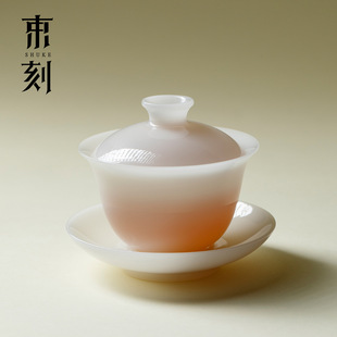 冰种璞玉玉瓷三才盖碗高端中国白瓷泡茶碗精致沏茶茶碗茶具 束刻