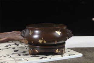 苏工带底座紫铜双狮耳宣德炉平口套炉家用供佛香炉香薰炉摆件