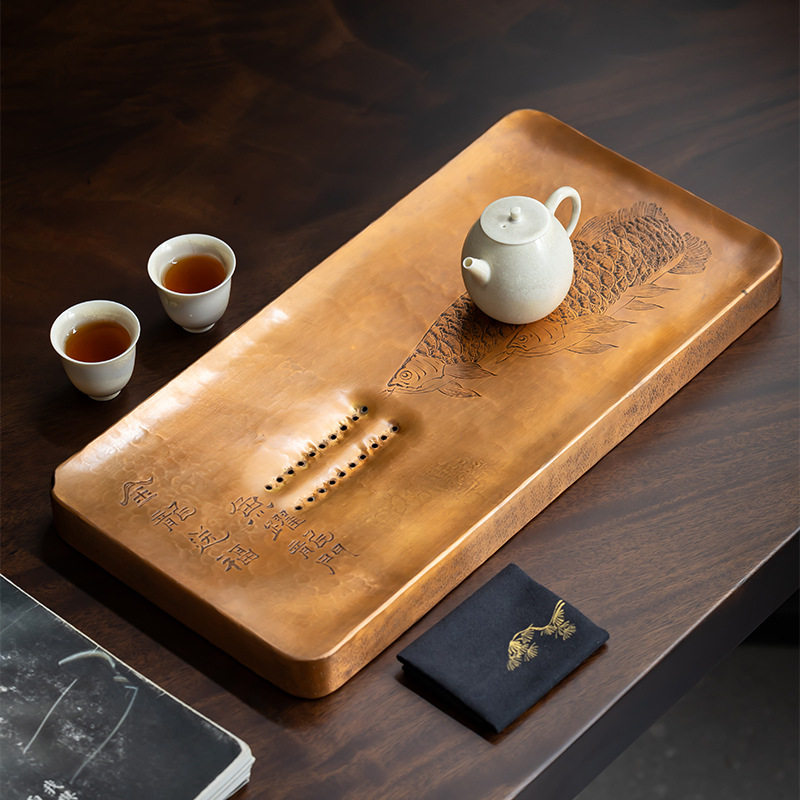 紫铜复古茶盘手工錾刻长方形茶盘做旧复古个性茶具托盘壶承干泡盘