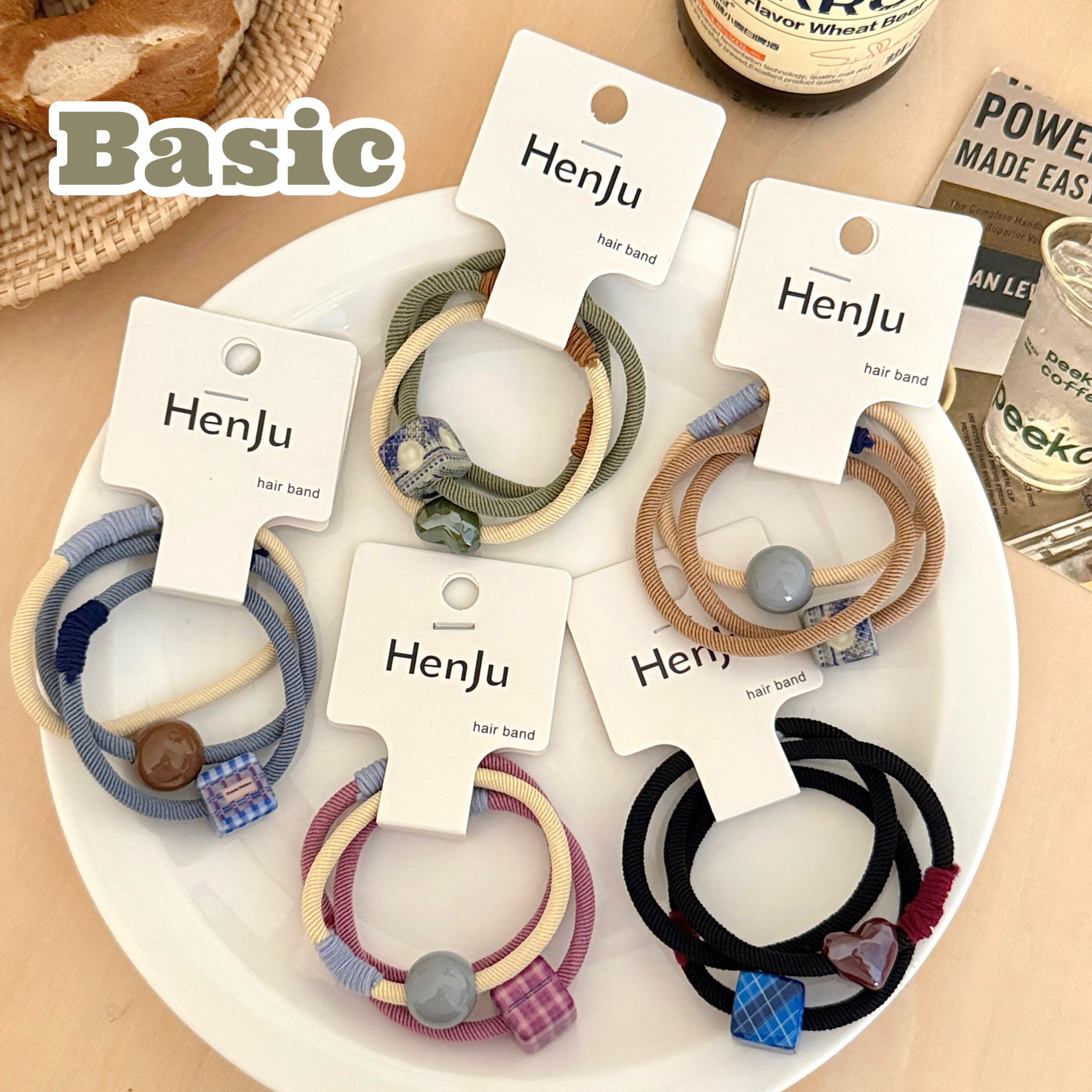 新款罗纹方块圆珠爱心百搭马尾发绳少女气质高弹力发圈高颜值发饰