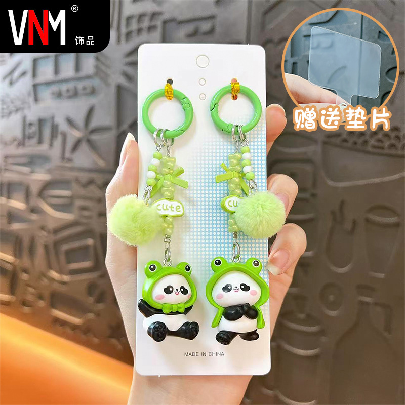 新款情侣熊猫串珠手机链钥匙扣可爱包包挂件手机壳配饰小礼品