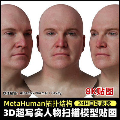 Metahuman拓扑人头扫描贴图 超写实扫描头部脸部3DScan store