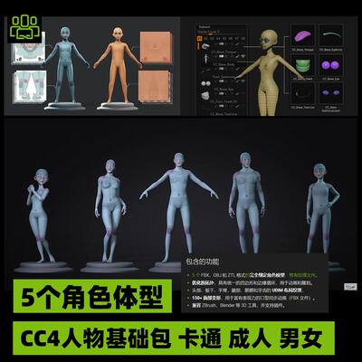 CC4/ICLONE基础角色包女性卡通数字人角色素材男性通用模型