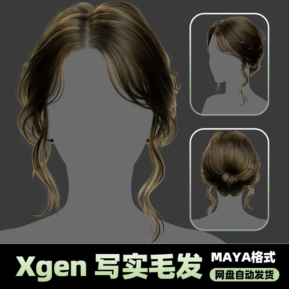 Xgen女性毛发国风现代美女人物角色发型泡面头maya3D模型丸子头