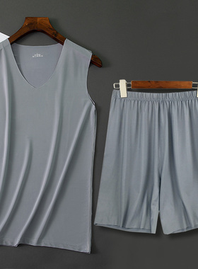 男士冰丝无痕睡衣套装条纹背心5分短裤两件套夏天休闲家居空调服