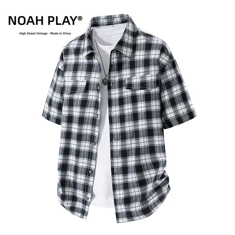 NOAH PLAY 复古格纹短袖衬衫男夏季双口袋工装宽松大码休闲衬衣潮