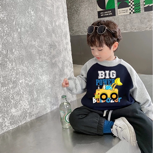 工程车衣服男童秋冬加绒卫衣儿童洋气休闲宽松上衣男孩挖土机童装