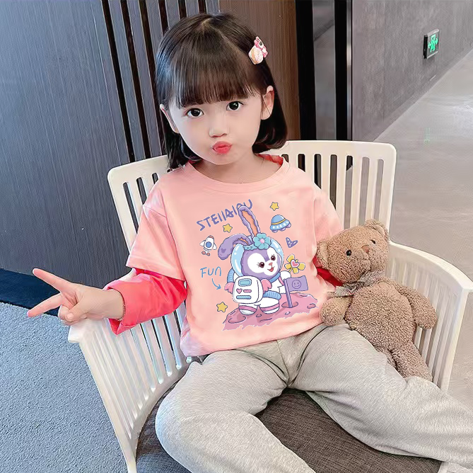 女童长袖T恤纯棉儿童兔子上衣春秋小孩体恤洋气假两件星黛露衣服