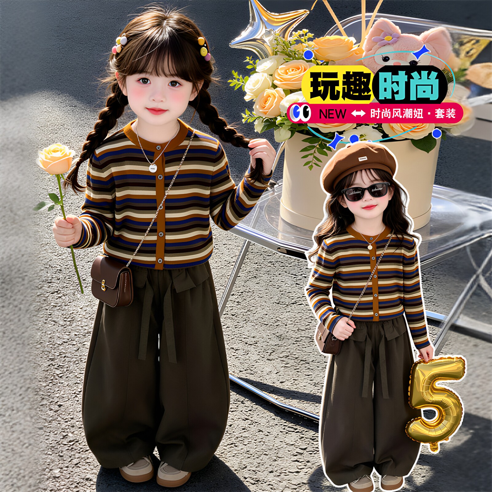 女童秋季韩版条纹阔腿裤两件套