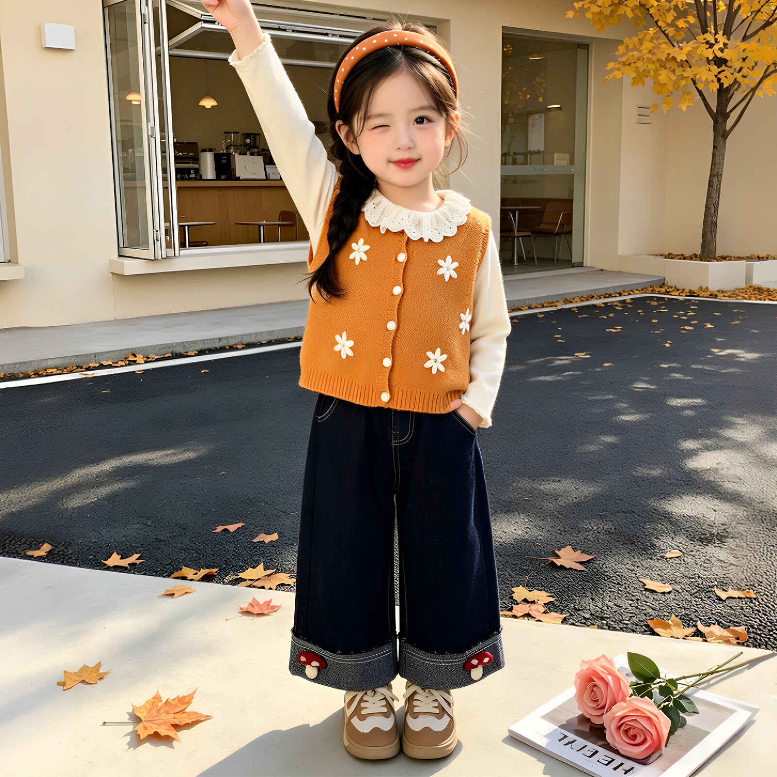 女童秋装清新绣花马甲三件套