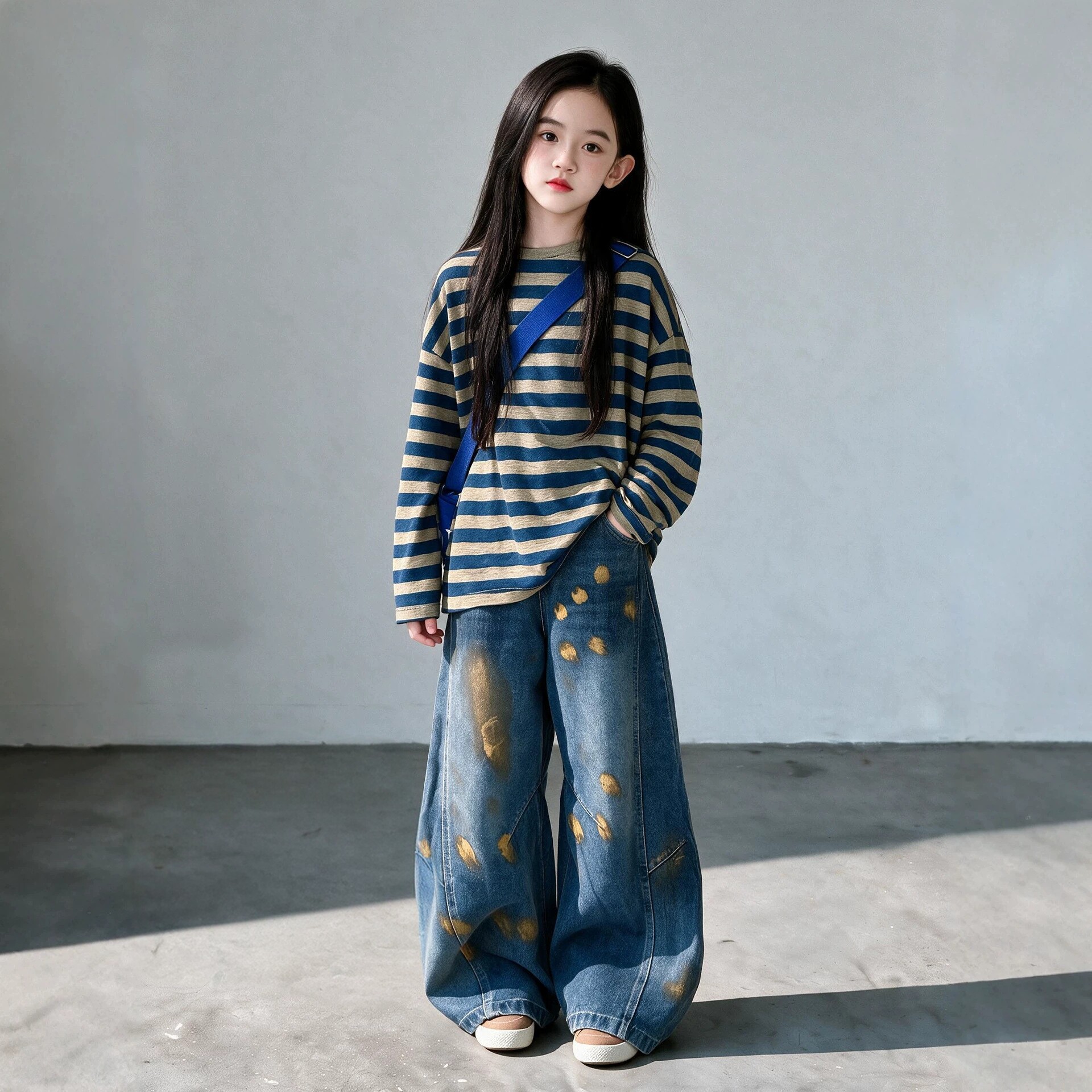 女童春秋条纹上衣牛仔裤两件套