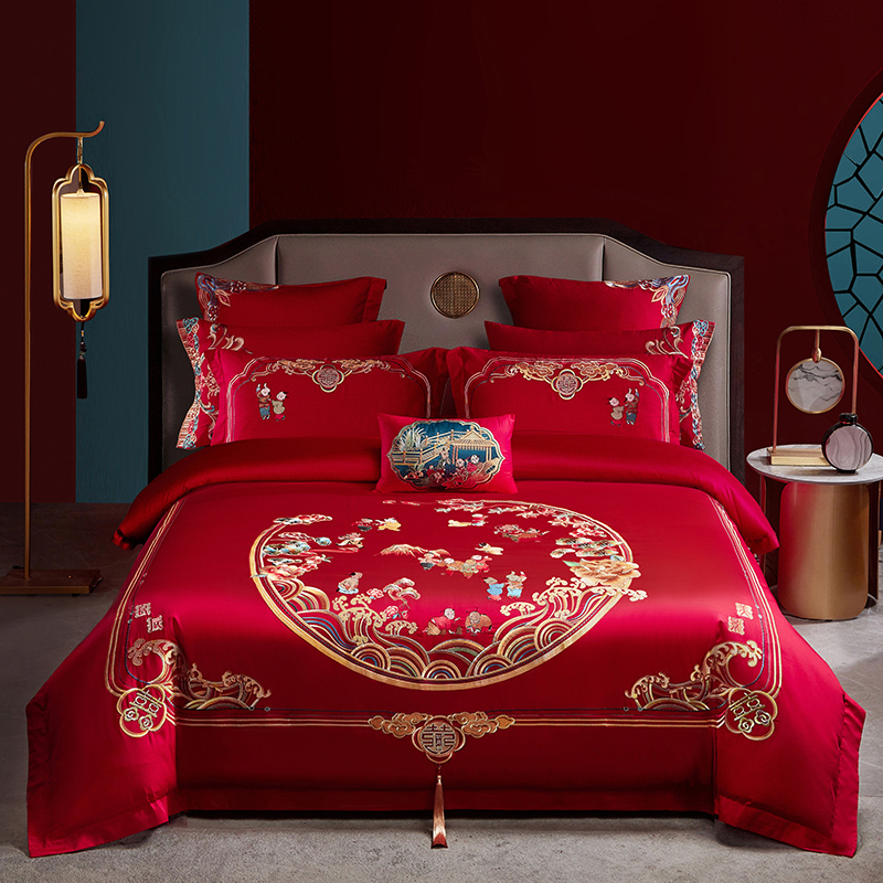 百子图婚庆床品60支长绒棉大红色双喜刺绣结婚被套床单四件套纯棉