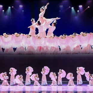 花开时节动京城舞蹈服粉白渐变女古典扇子舞演出服装飘逸秧歌服装