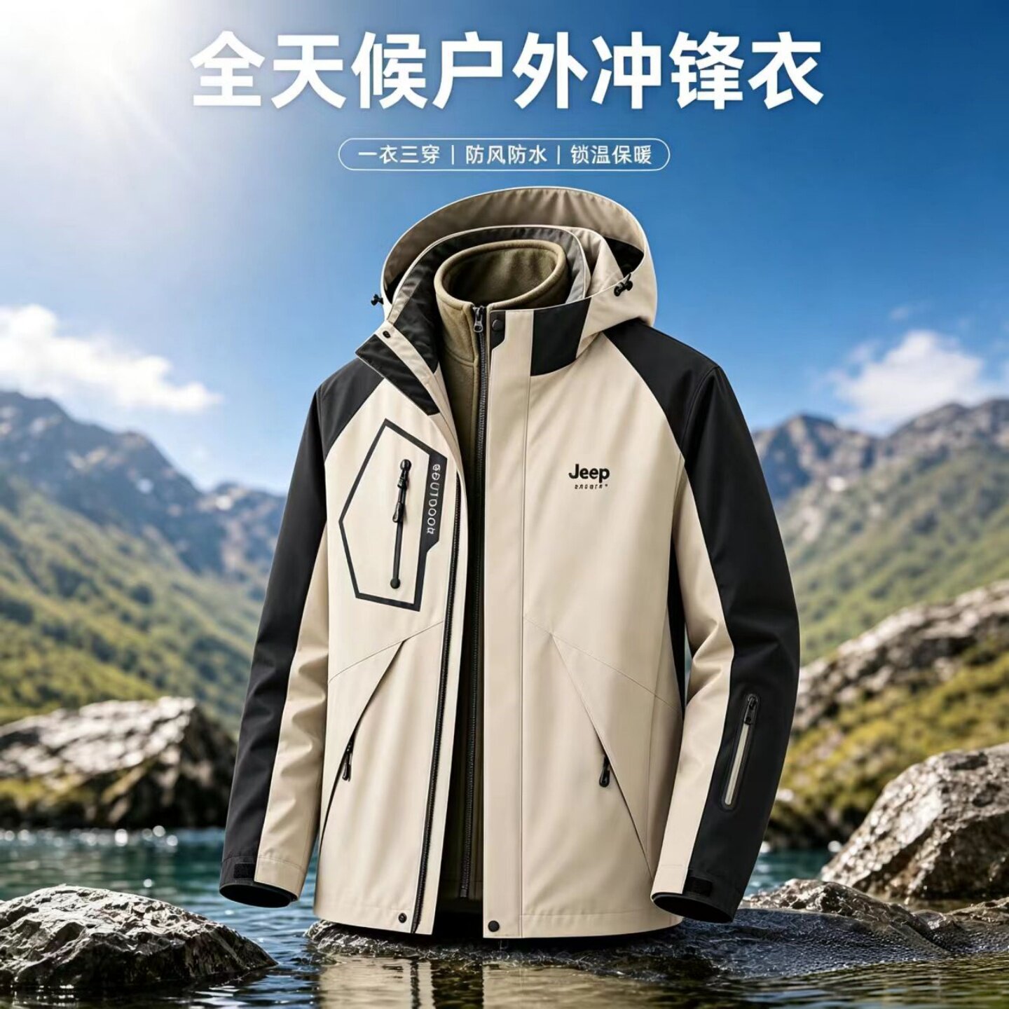 吉普秋冬防风防水加厚冲锋衣