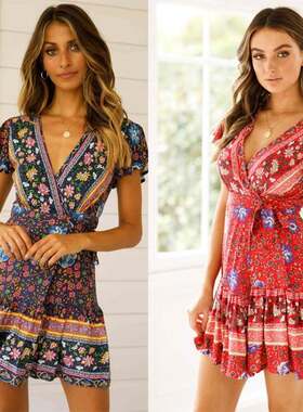 2019夏季新款波西米亚沙滩度假荷叶袖短裙深V绑带印花连衣裙DRESS