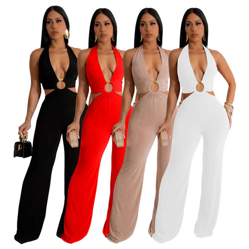 Fashion women's V-neck sexy backless jumpsuit 露背长裤连体裤