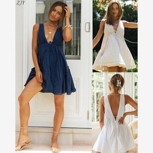 女装V领前后抽绳大摆短裙不规则连衣裙women's sleeveless dress