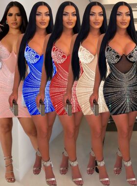 Sexy hot diam halter dress nightclub hip Skirt烫钻吊带连衣裙